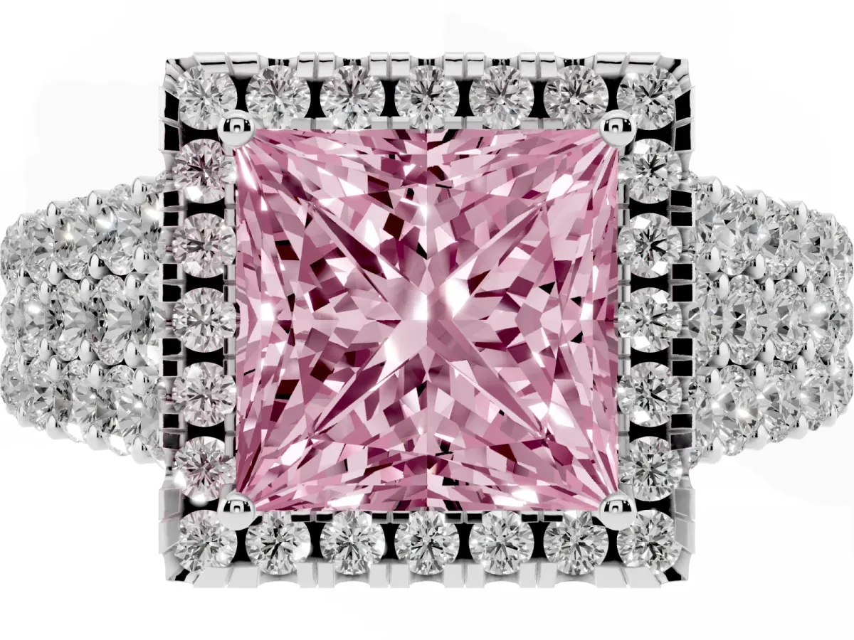 Fancy Pink Princess Cut Diamond Halo Engagement Ring with Triple Row Round Pavé Band and Prong Setting Silver