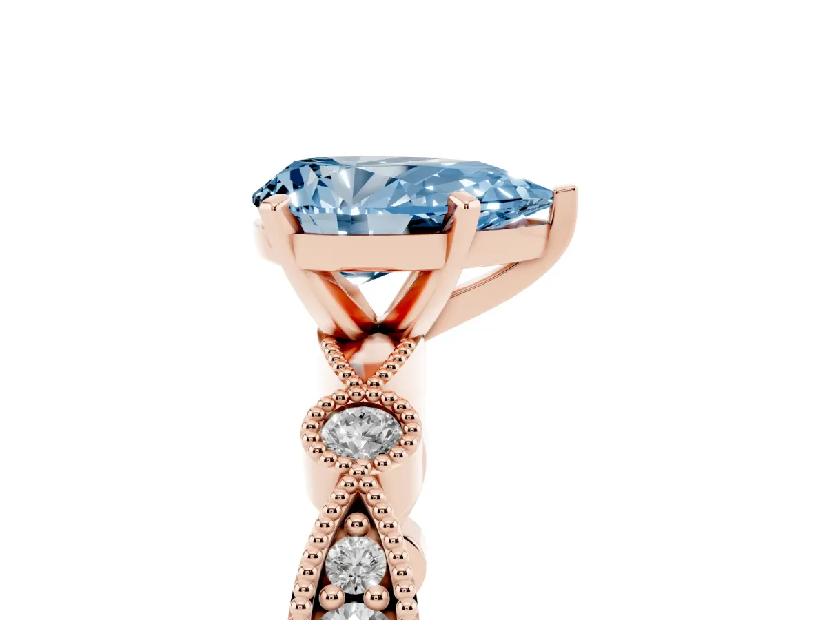 Fancy Blue Pear Cut Milgrain Bezel Diamond Engagement Ring with Solitaire Prong Setting Rose gold
