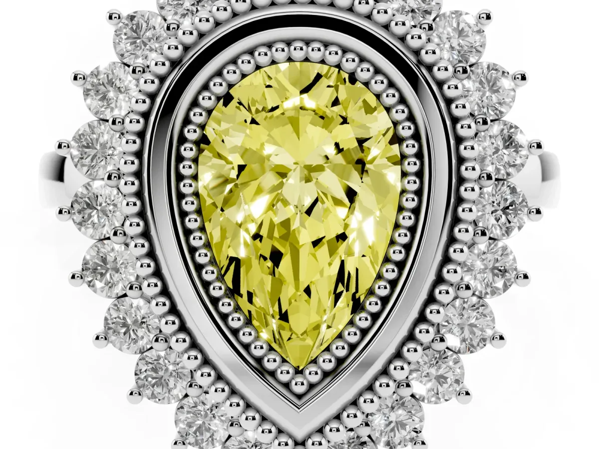 Fancy Yellow Pear Cut Halo Diamond Ring with Milgrain Edge and Round Prong Setting Silver