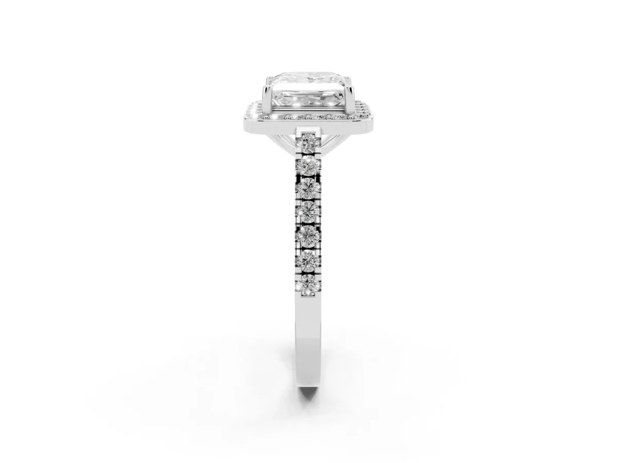 Princess Cut Diamond Halo Ring with Round Pavé Split Shank and Prong Setting Silver