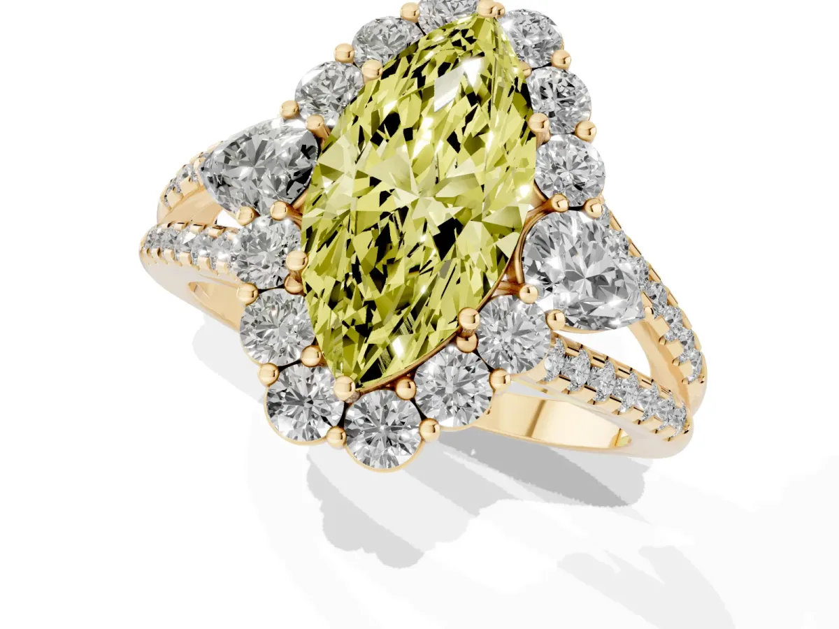Fancy Yellow Marquise Cut Halo Split Shank Diamond Engagement Ring with Prong Setting Yellow gold