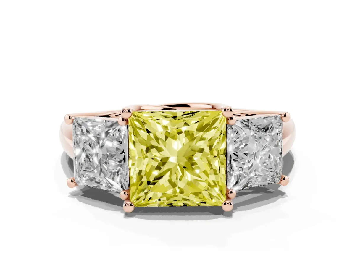 Fancy Yellow Three-Stone Princess Cut Diamond Engagement Ring with Prong Setting Rose gold