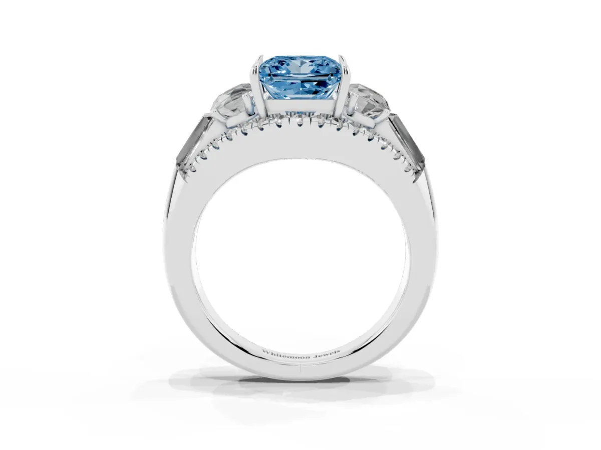 Fancy Blue Three-Stone Princess Cut Diamond Engagement Ring with Pave Band and Prong Setting White gold