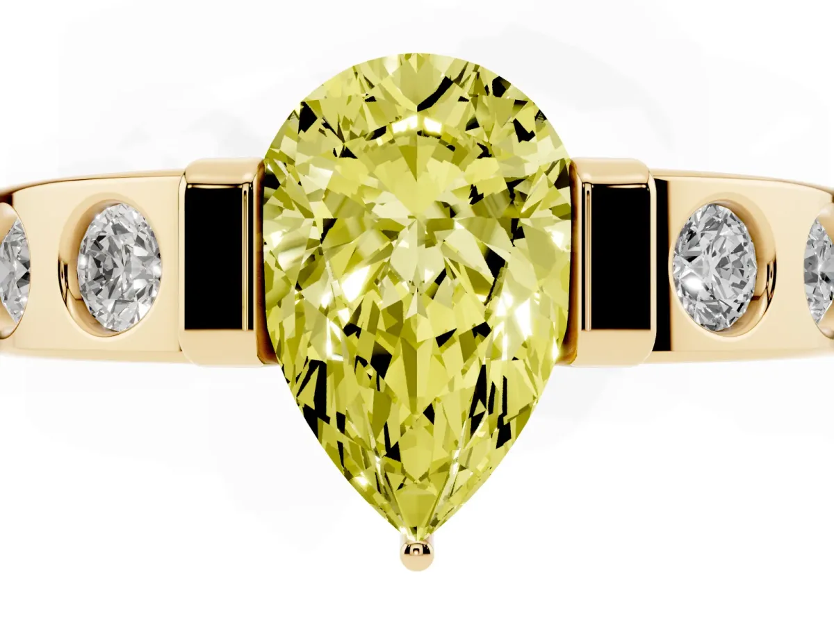 Fancy Yellow Pear Cut Brilliant Channel-Set Diamond Ring with Bezel Prong Setting Yellow gold