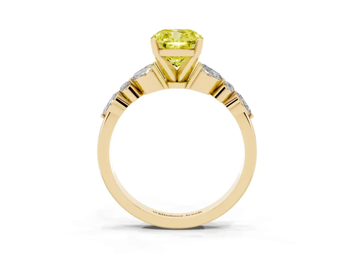 Fancy Yellow Cushion Cut Diamond Solitaire Ring with Side Stones and Four-Prong Setting Yellow gold