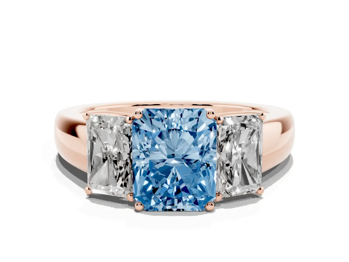 Fancy Blue Three-Stone Radiant Cut Cut Diamond Ring with Prong Setting and Classic Band Rose gold