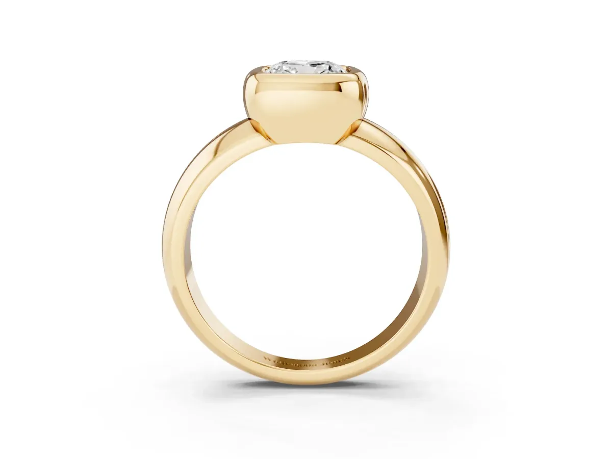 Bezel Set Cushion Cut Solitaire Ring with Wide Band Yellow gold
