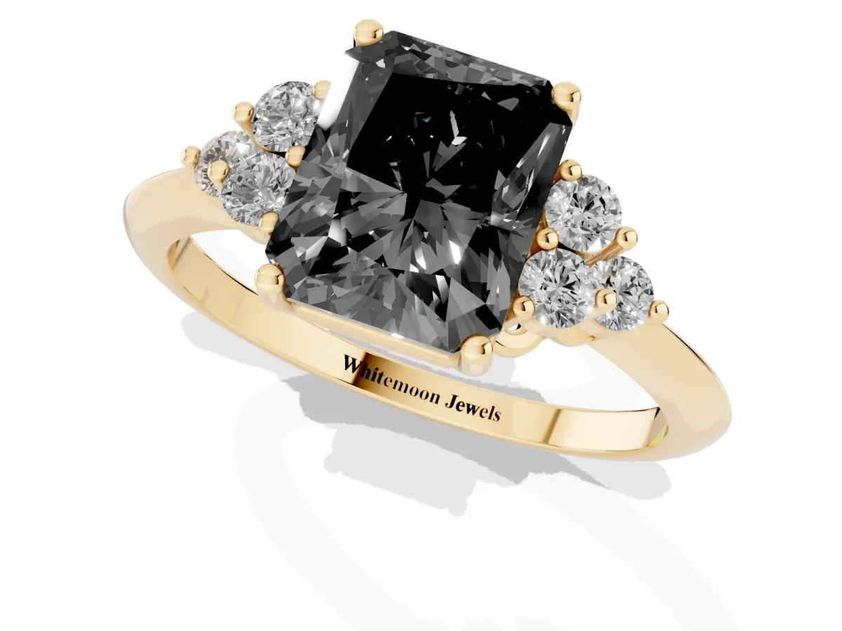 Fancy Black Radiant Cut Cut Diamond Cluster Ring with Solitaire Band and Four-Prong Setting Yellow gold