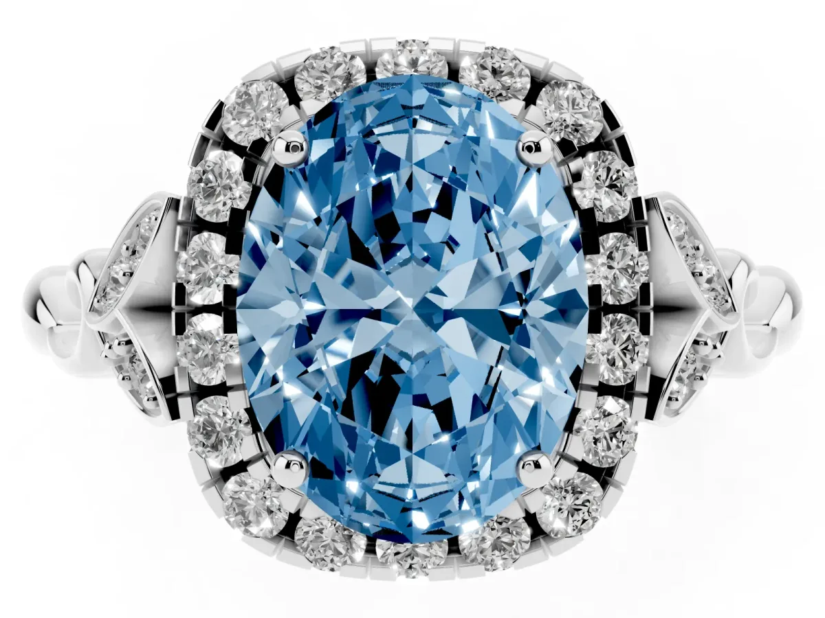 Fancy Blue Oval Cut Halo Diamond Engagement Ring with Vintage-Inspired Band and Four-Prong Setting White gold