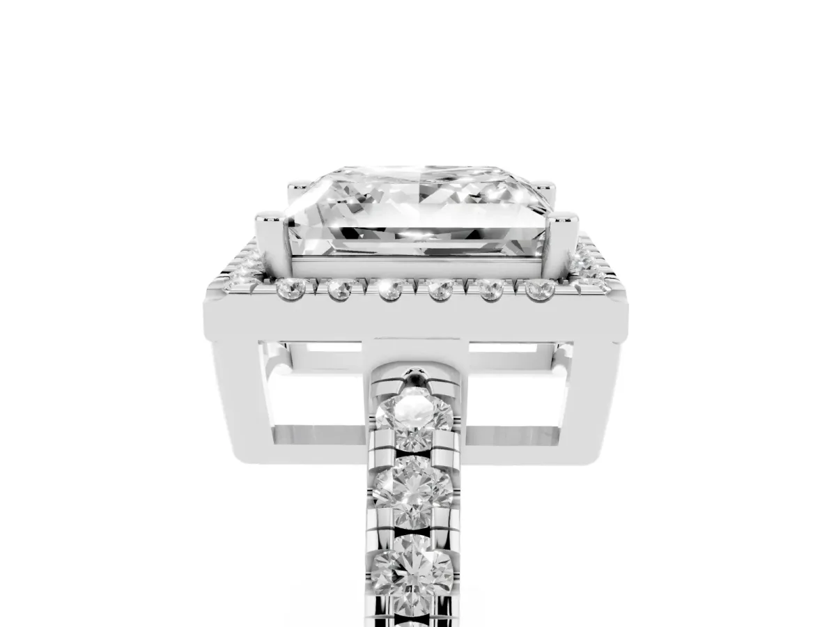 Princess Cut Diamond Halo Ring with Pavé Band and Four-Prong Setting Silver