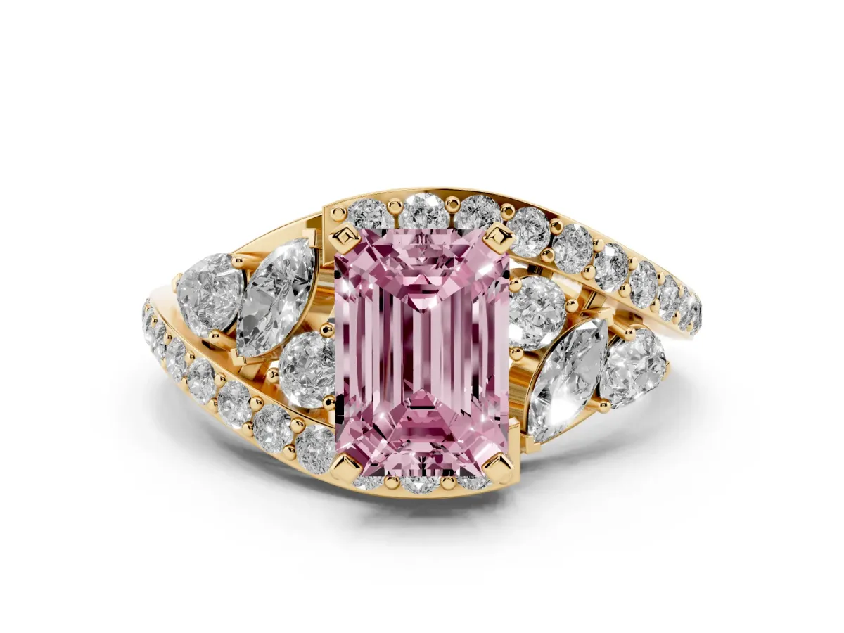 Fancy Pink Emerald Cut Diamond Halo Ring with Marquise and Pavé Band in Prong Setting Yellow gold