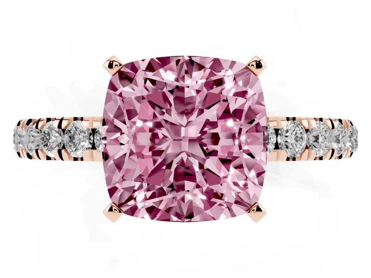 Fancy Pink Cushion Cut Diamond Solitaire Ring with Pavé Accents and Four-Prong Setting Rose gold