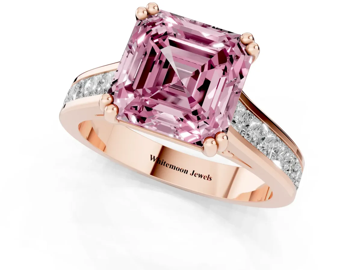 Fancy Pink Asscher Cut Cut Channel Set Solitaire Engagement Ring with Prong Setting Rose gold