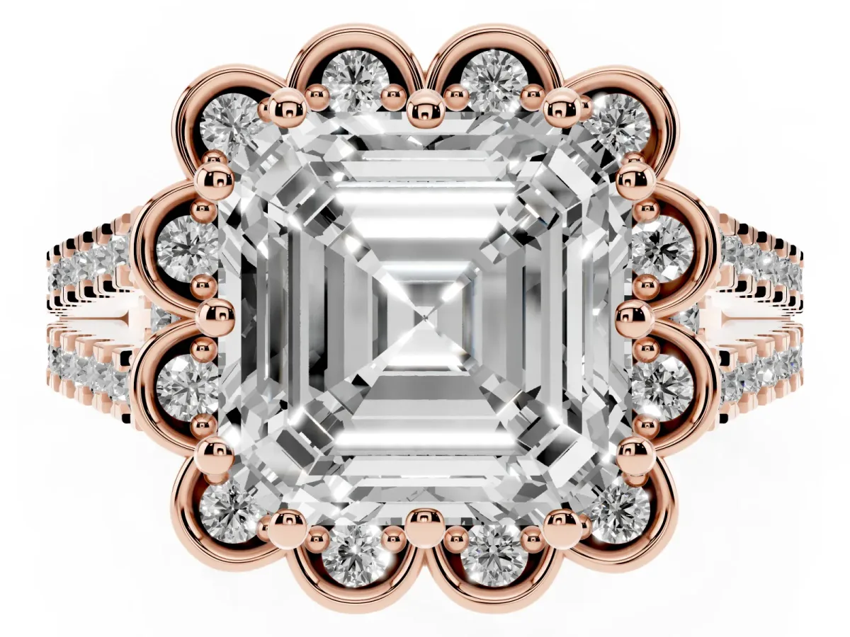 Asscher Cut Halo Diamond Floral Split Shank Engagement Ring Rose gold