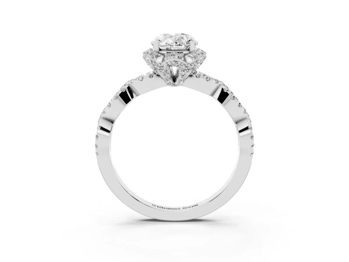Oval Cut Halo Twist Band Solitaire Ring with Six-Prong Setting Platinum