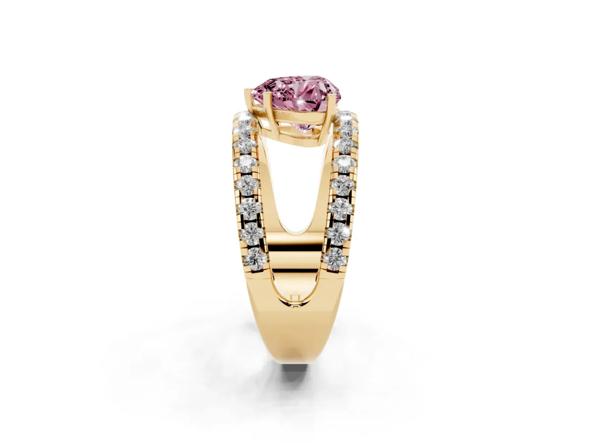 Fancy Pink Heart Cut Solitaire Split Shank Pave Diamond Ring Yellow gold