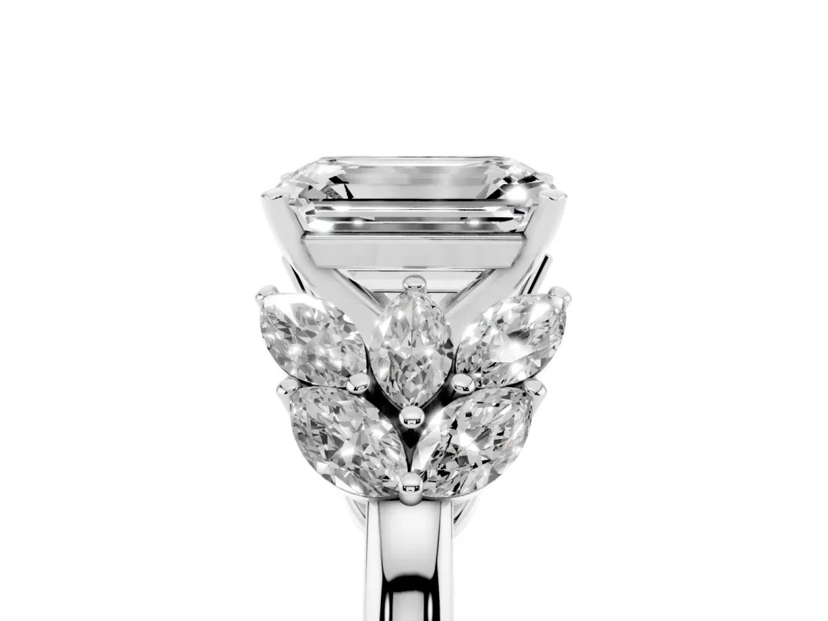 Emerald Cut Diamond Cluster Leaf Design Ring with Prong Setting White gold