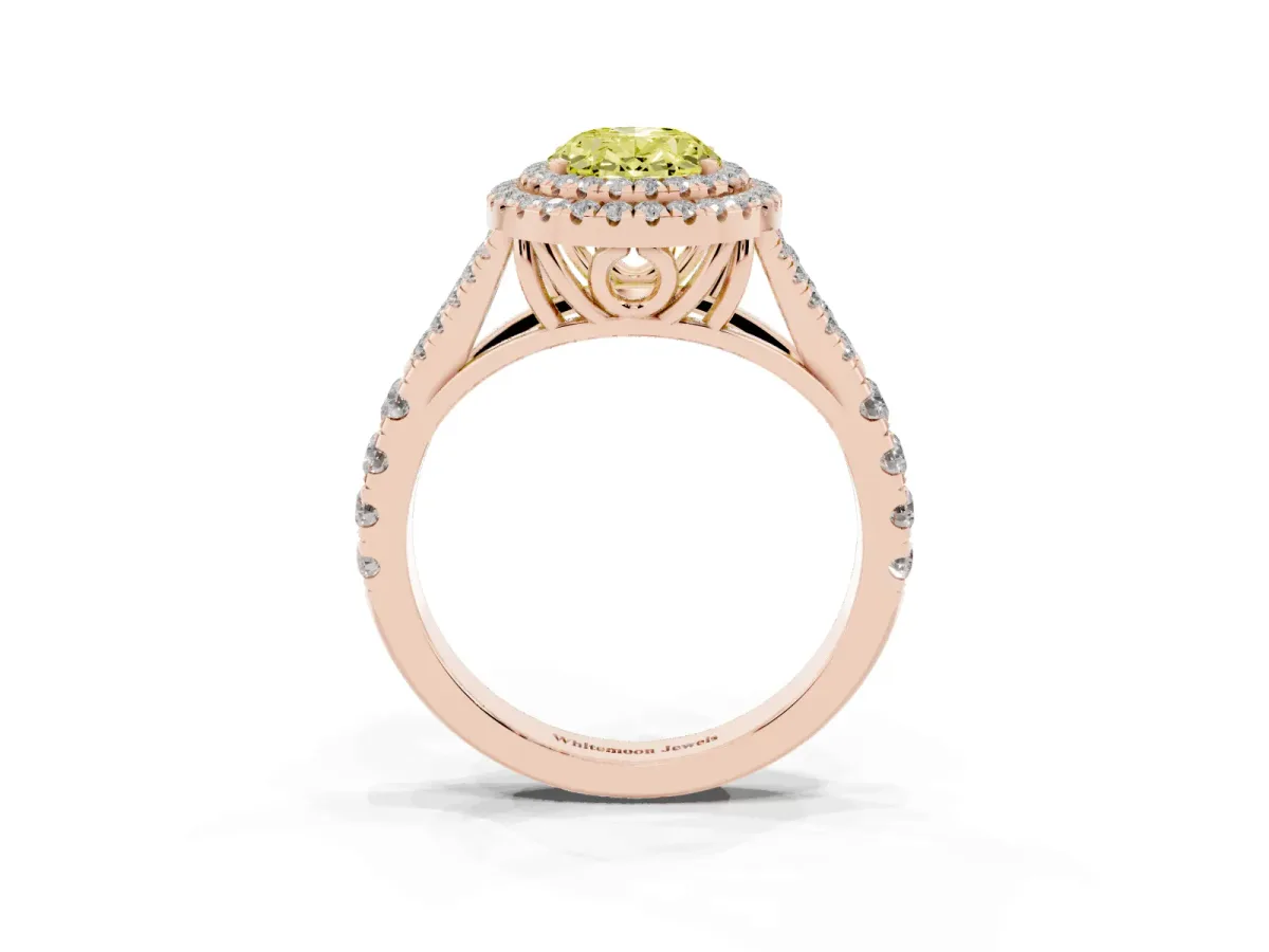 Fancy Yellow Oval Cut Cut Double Halo Split Shank Diamond Ring with Prong Setting Rose gold