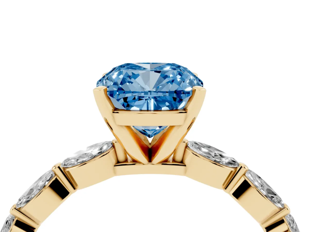 Fancy Blue Cushion Cut Diamond Ring with Marquise Side Stones and Prong Setting Yellow gold