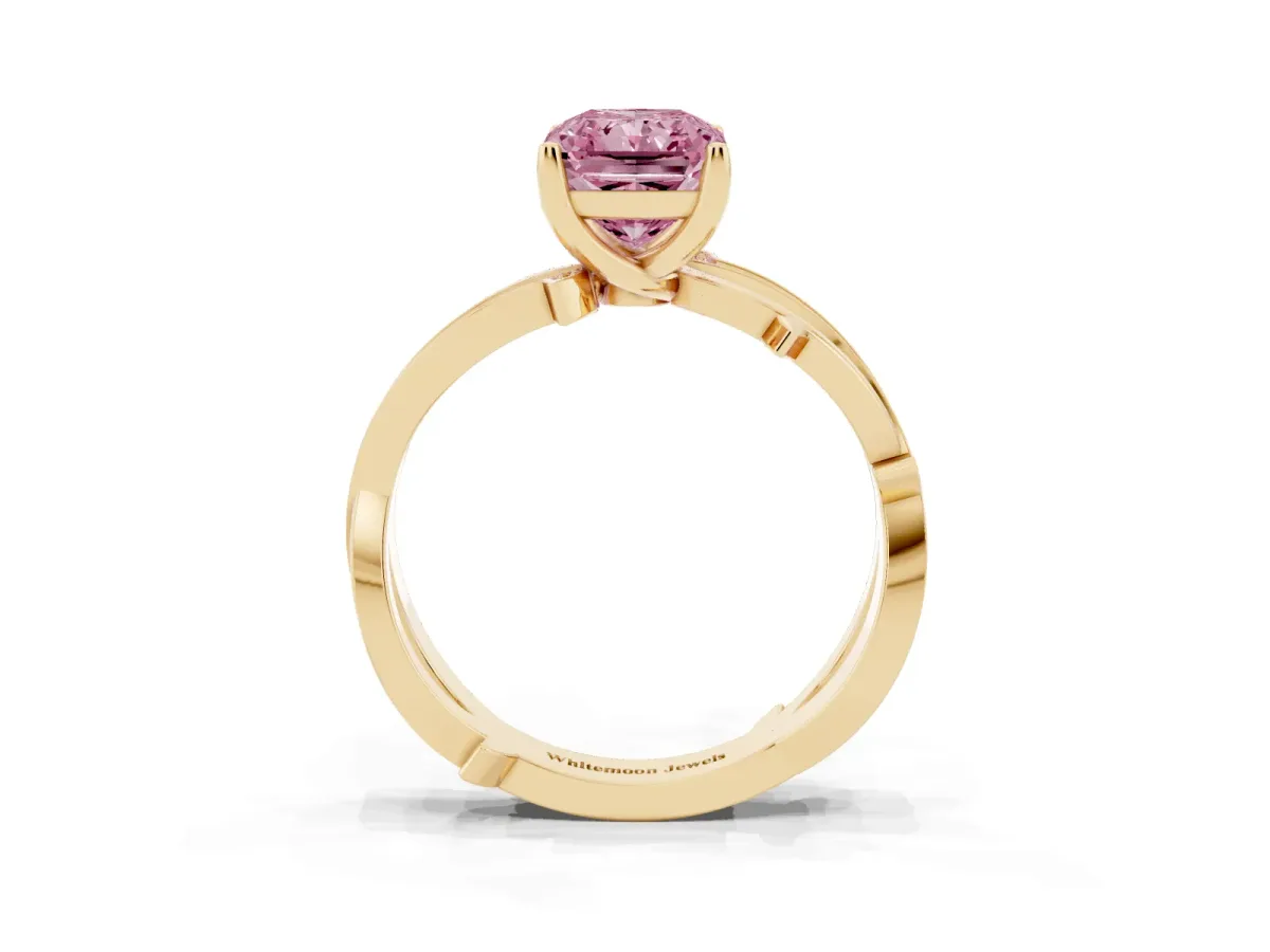 Fancy Pink Radiant Cut Solitaire Twist Band with Pavé Accents and Four-Prong Setting Yellow gold