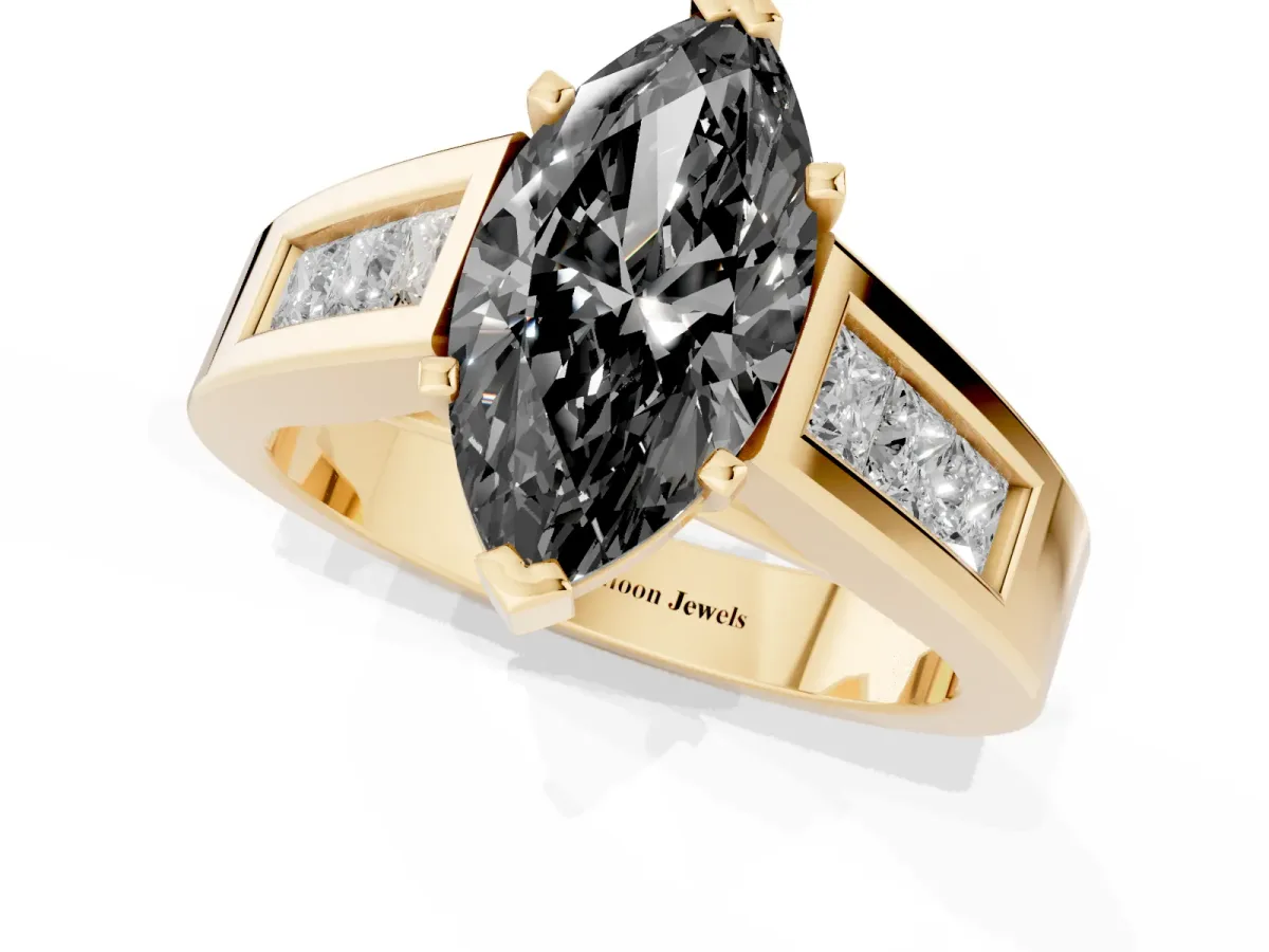 Fancy Black Marquise Cut Cut Channel Set Solitaire Ring with Four-Prong Setting Yellow gold