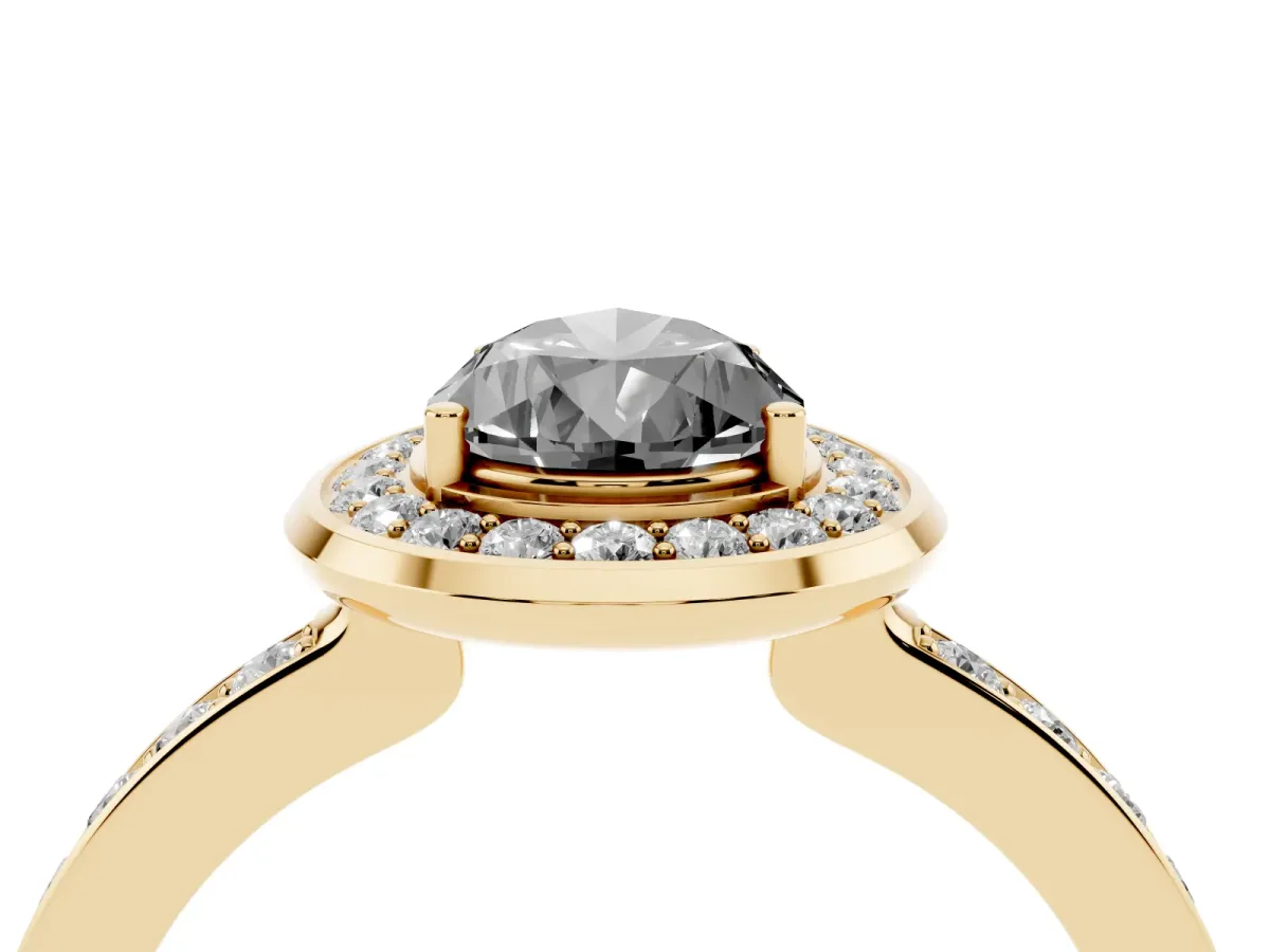 Fancy Black Pear Cut Diamond Halo Ring with Bezel Frame and Pavé Band Yellow gold