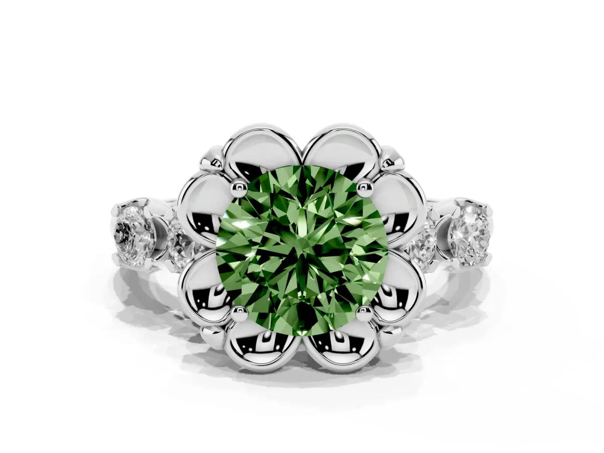 Fancy Green Round Cut Cut Diamond Floral Halo Engagement Ring with Shared Prong Setting Silver