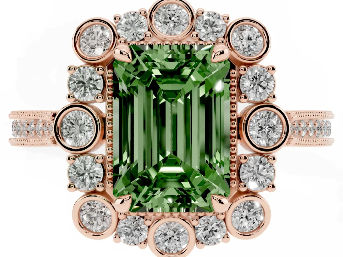 Fancy Green Emerald Cut Halo Milgrain Pave Diamond Ring with Four-Prong Setting Rose gold