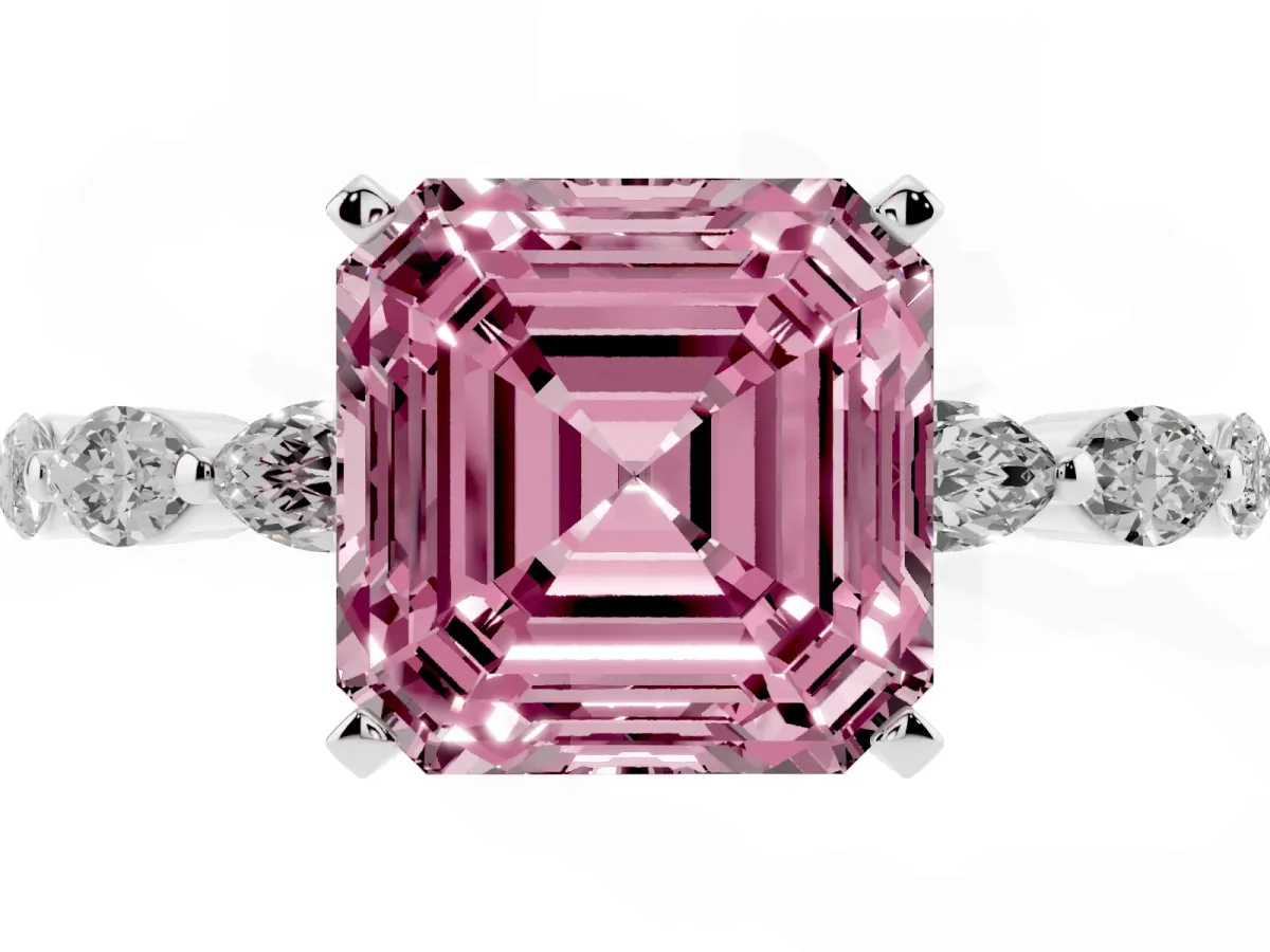 Fancy Pink Asscher Cut Diamond Ring with Marquise Side Stones and Prong Setting Platinum