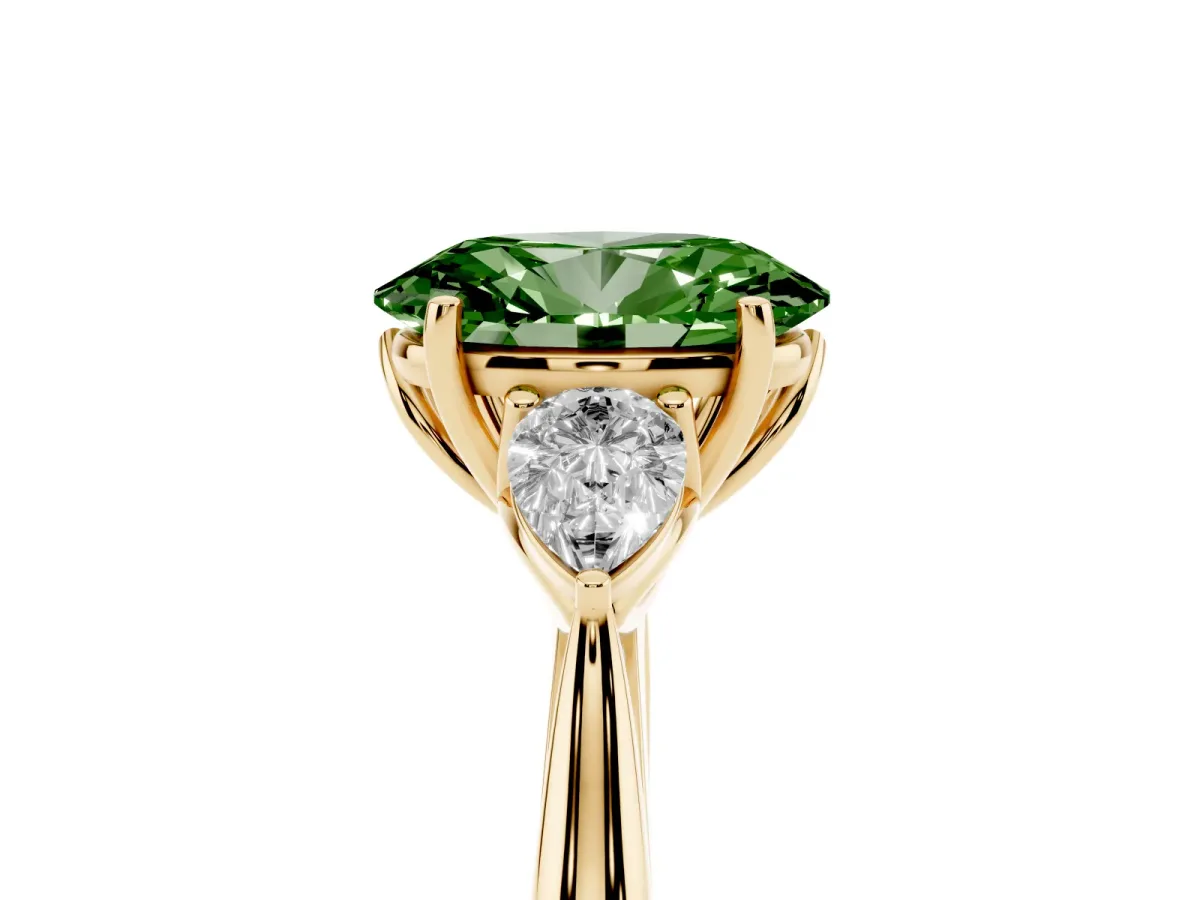 Fancy Green Oval Cut Diamond Three-Stone Ring with Pear Side Stones and Prong Setting Yellow gold