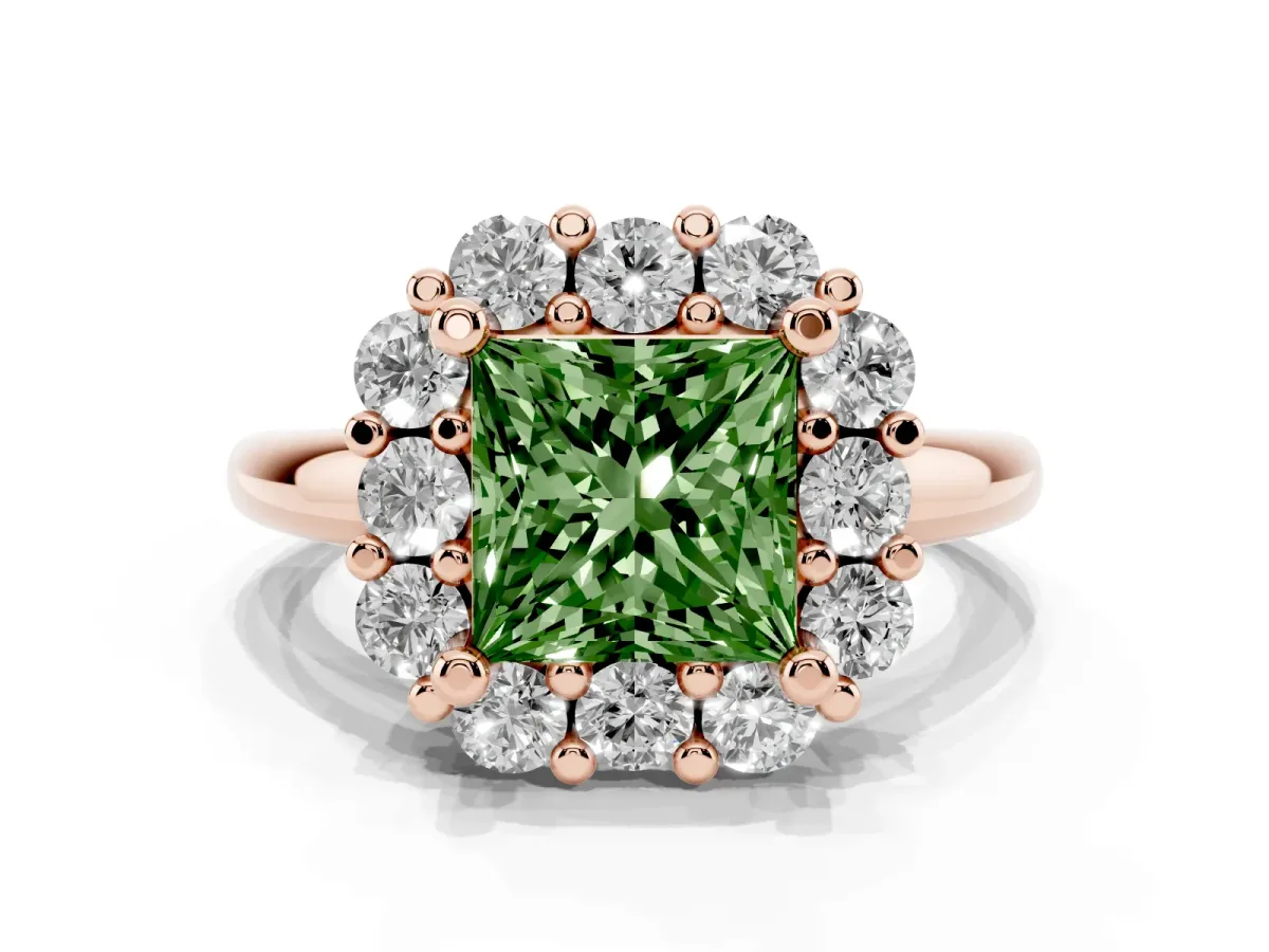 Fancy Green Princess Cut Halo Cluster Diamond Engagement Ring with Prong Setting and Polished Band Rose gold
