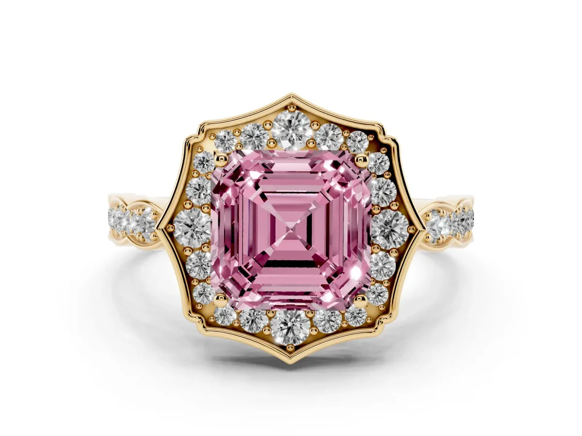 Fancy Pink Asscher Cut Halo Diamond Engagement Ring with Milgrain Band and Four-Prong Setting Yellow gold