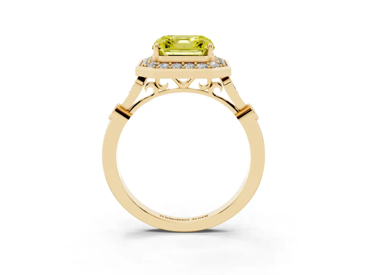 Fancy Yellow Asscher Cut Halo Diamond Engagement Ring with Twisted Band and Four-Prong Setting Yellow gold