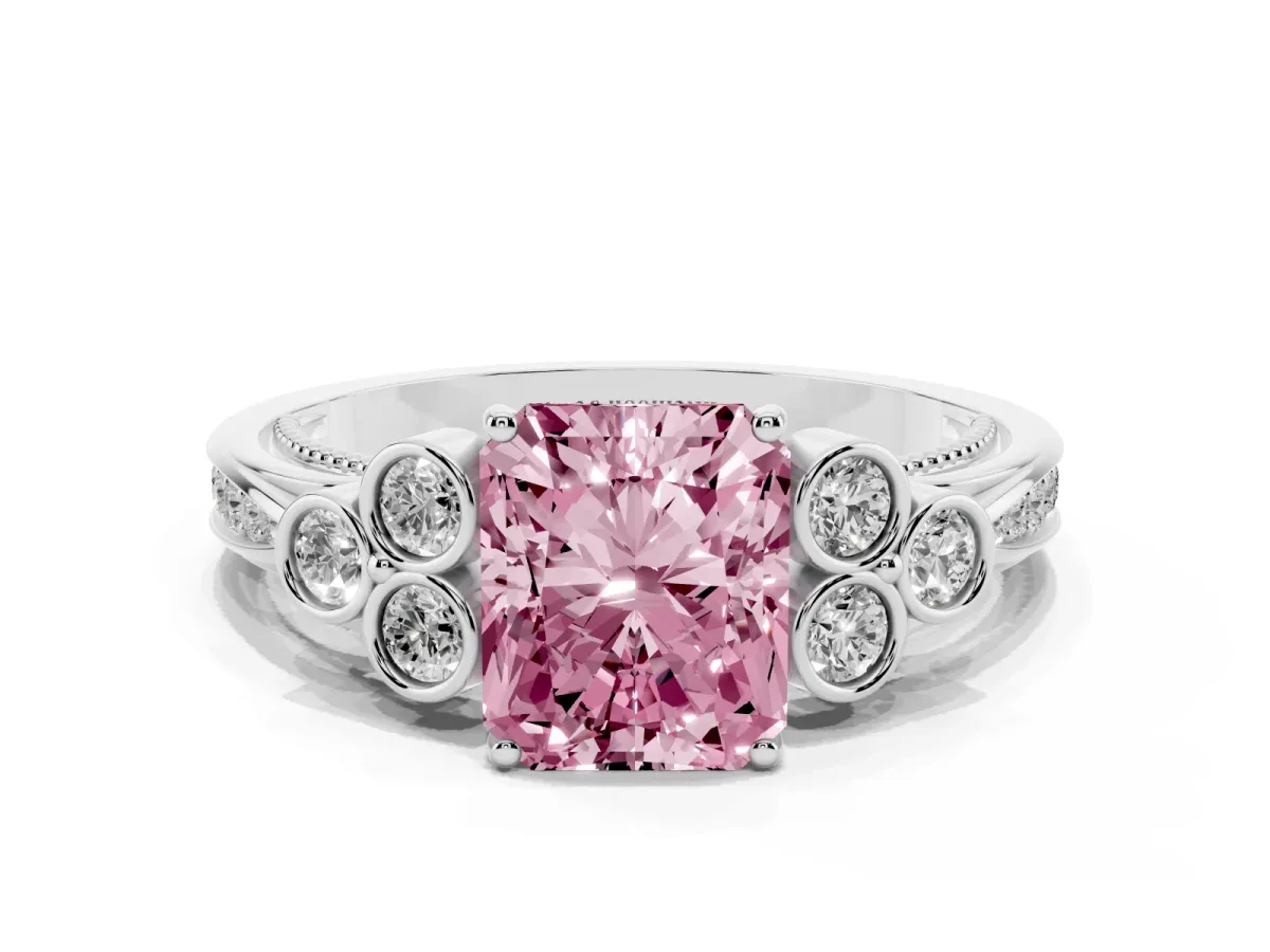 Fancy Pink Radiant Cut Cut Diamond Engagement Ring with Bezel Set Round Side Stones and Prong Setting Silver