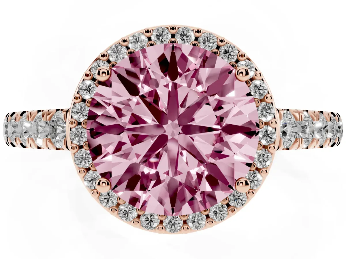 Fancy Pink Round Cut Cut Halo Diamond Engagement Ring with Pave Band and Four-Prong Setting Rose gold