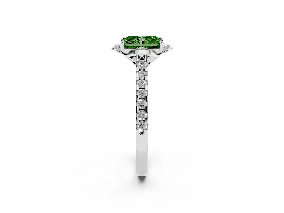 Fancy Green Radiant Cut Diamond Ring with Pavé Band and Floral Prong Setting Platinum