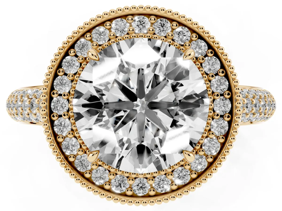 Round Cut Cut Halo Diamond Pave Band with Four-Prong Setting Yellow gold