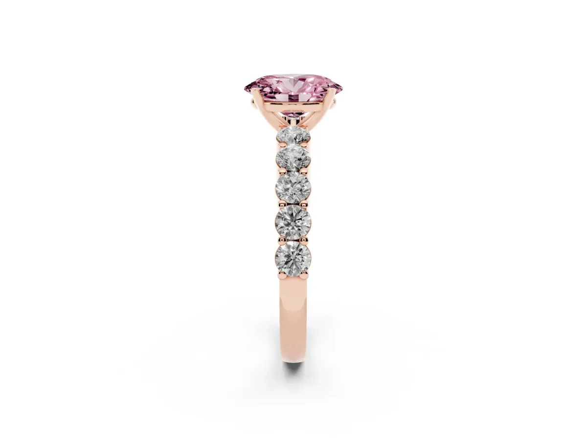 Fancy Pink Oval Cut Diamond Solitaire Ring with Shared Prong Round Side Stones Rose gold