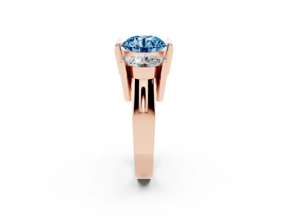 Fancy Blue Three Stone Round Cut Cut Channel Set Diamond Ring Rose gold