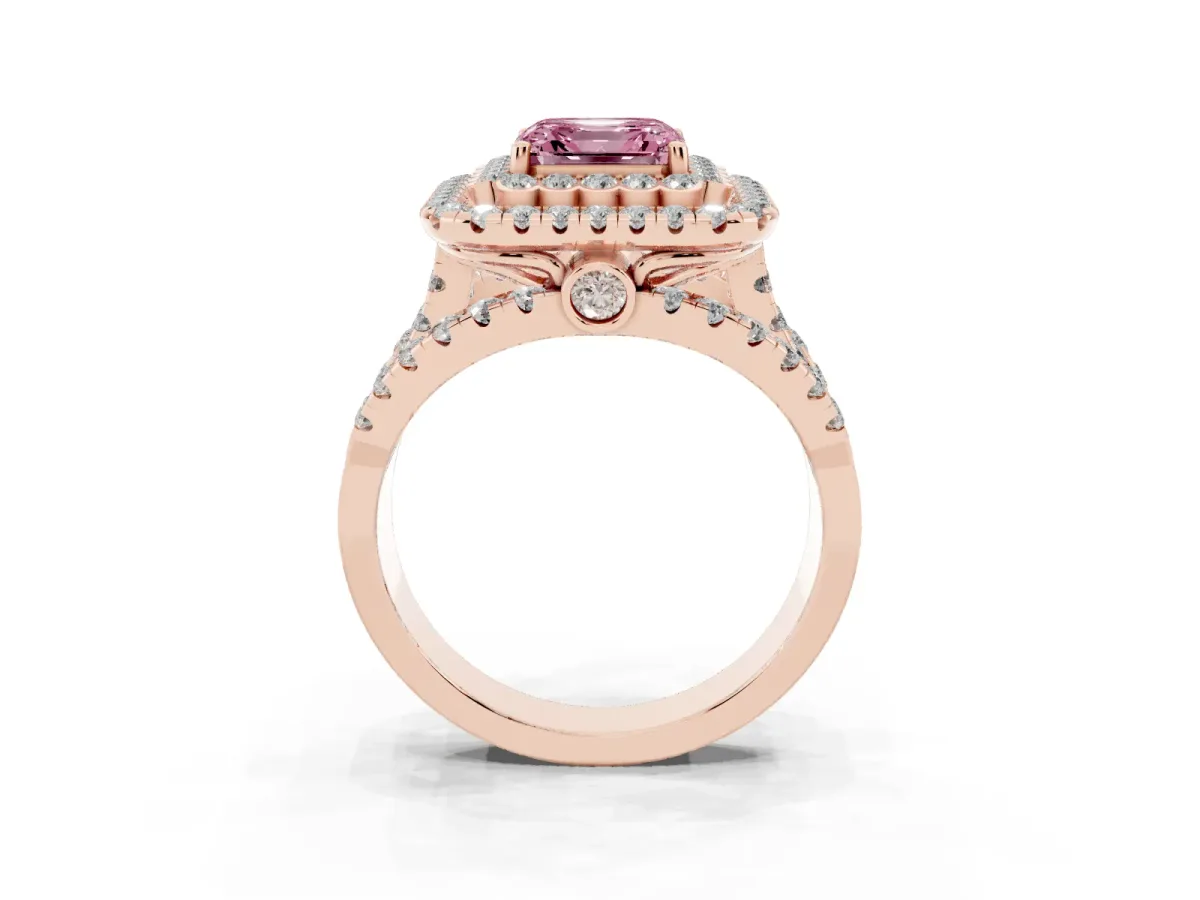 Fancy Pink Asscher Cut Diamond Double Halo Ring with Round Pavé Split Shank and Prong Setting Rose gold