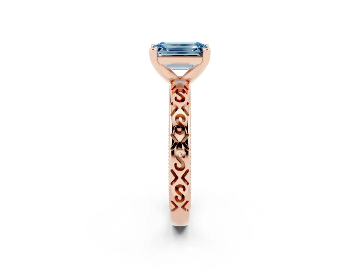 Fancy Blue Emerald Cut Solitaire Engagement Ring with Scrollwork Band and Four-Prong Setting Rose gold