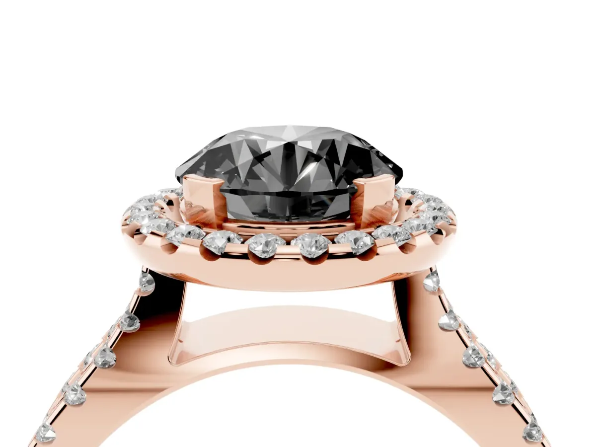 Fancy Black Round Cut Diamond Halo Ring with Split Shank Pavé Band and Prong Setting Rose gold