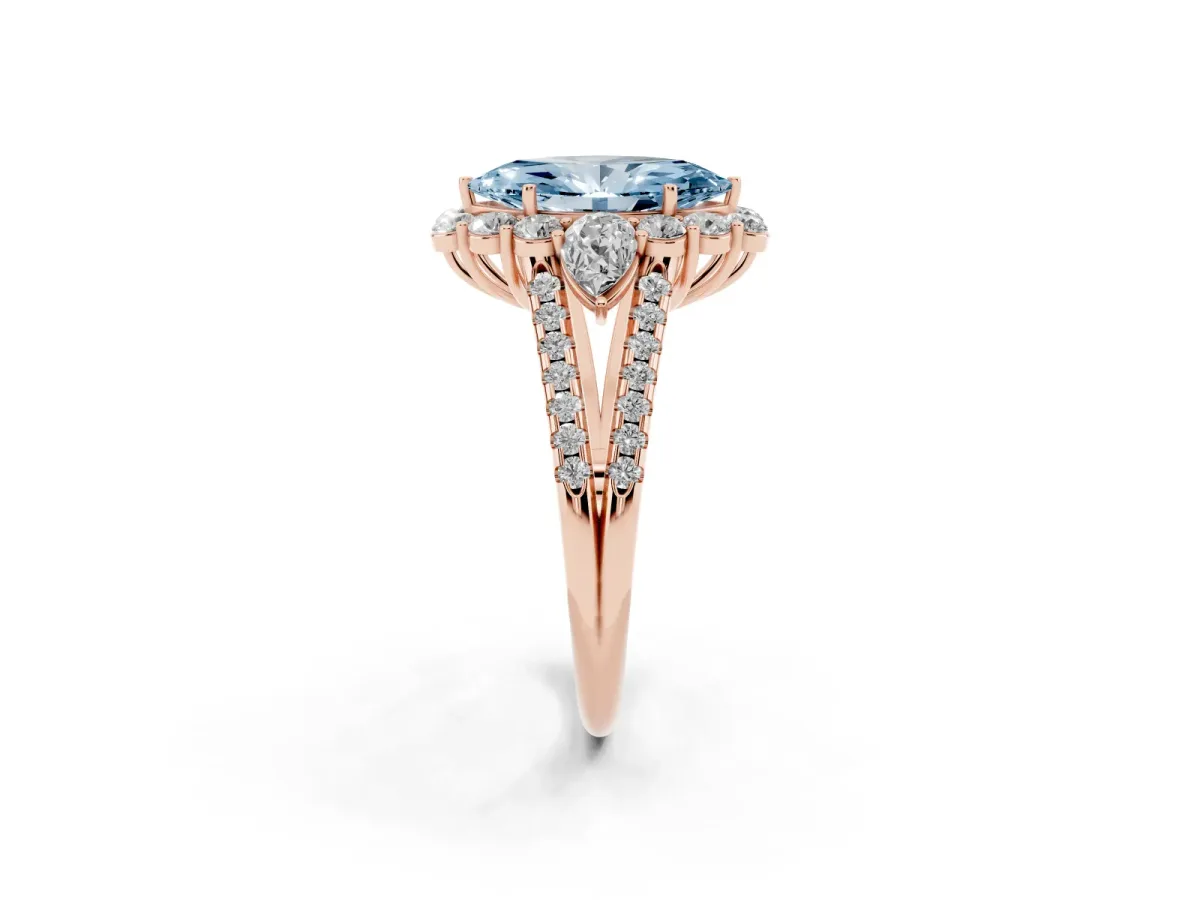 Fancy Blue Marquise Cut Halo Split Shank Diamond Engagement Ring with Prong Setting Rose gold