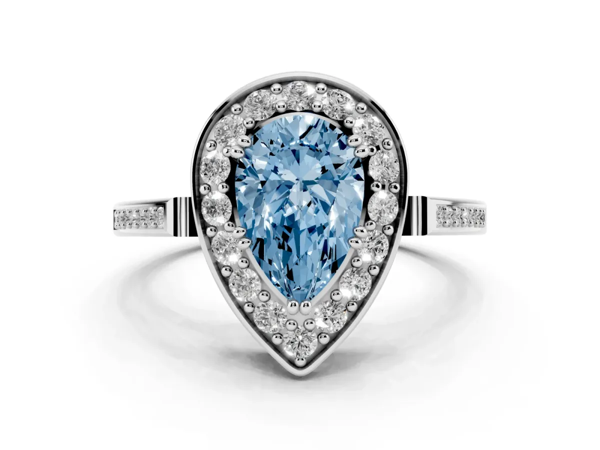 Fancy Blue Pear Cut Diamond Halo Ring with Split Shank and Four-Prong Setting Platinum