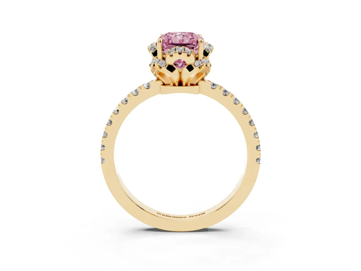 Fancy Pink Radiant Cut Diamond Halo Pave Band with Four-Prong Setting Yellow gold