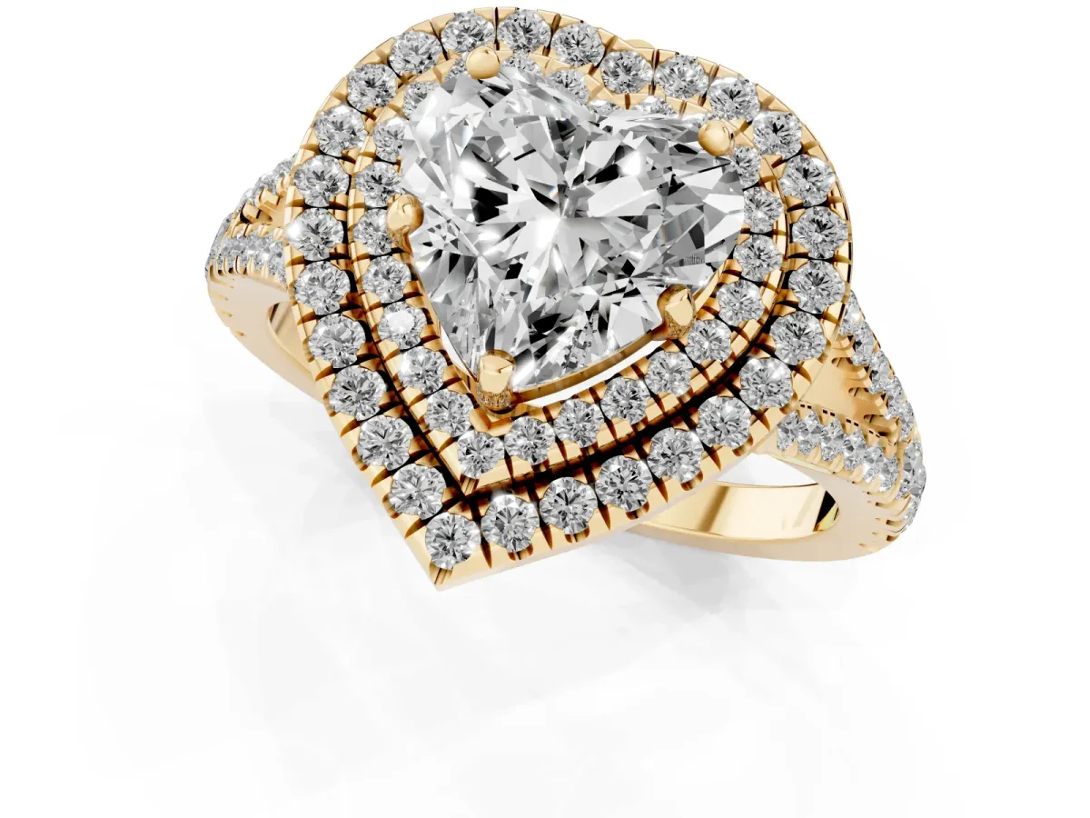 Heart Cut Diamond Double Halo Ring with Pavé Band and Prong Setting Yellow gold