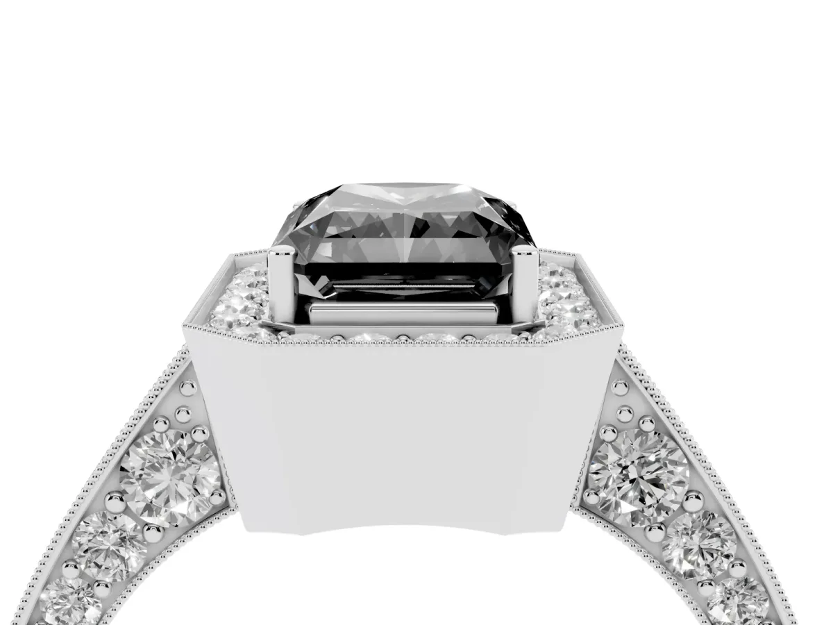 Fancy Black Radiant Cut Halo Diamond Engagement Ring with Split Shank Band and Four-Prong Setting Silver