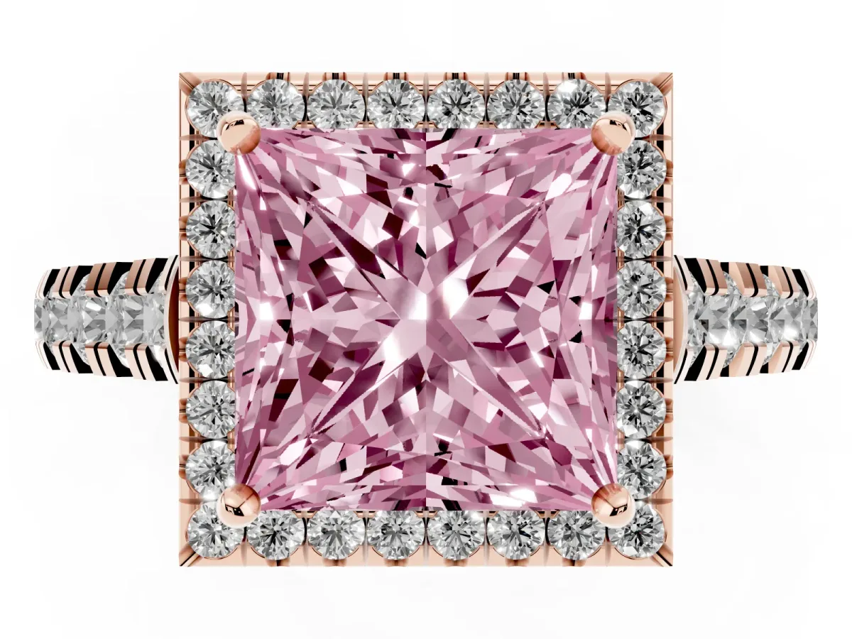 Fancy Pink Princess Cut Halo Pavé Diamond Engagement Ring with Four-Prong Setting Rose gold