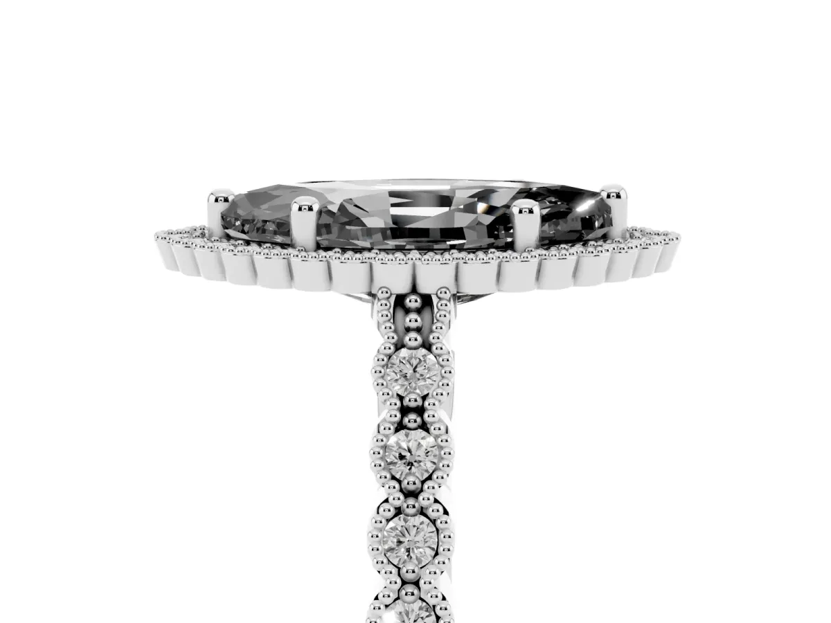 Fancy Black Marquise Cut Cut Halo Pavé Solitaire Ring with Milgrain Band White gold
