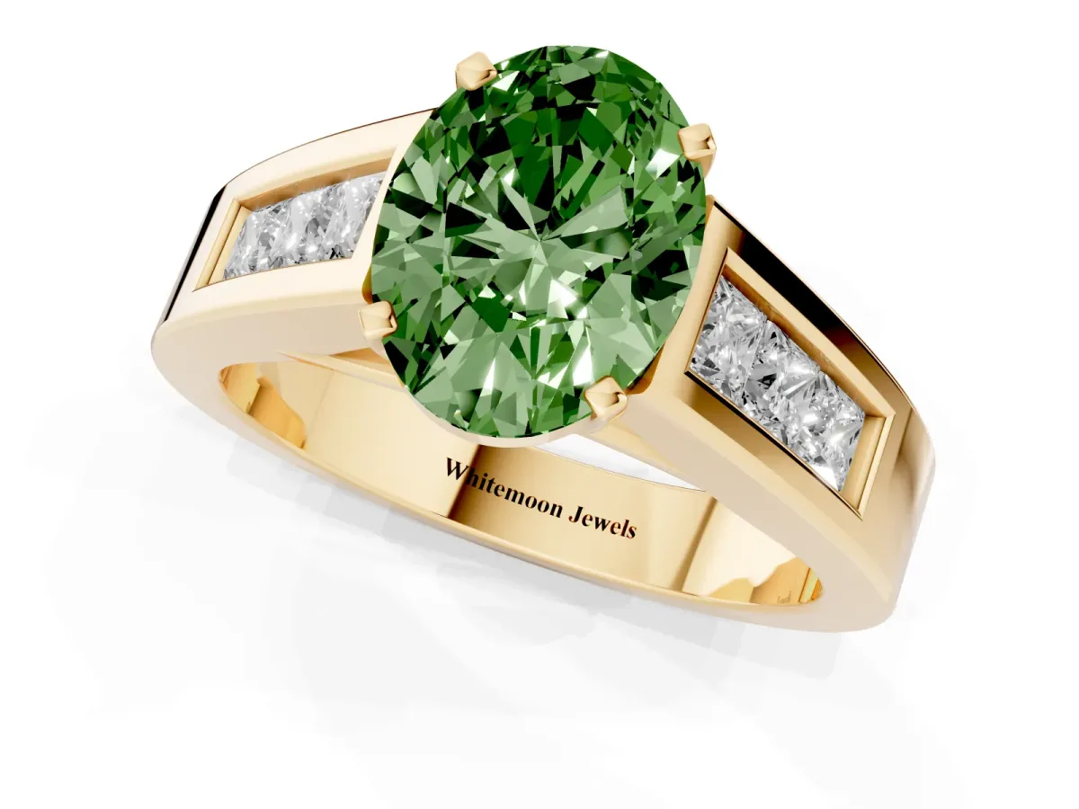 Fancy Green Oval Cut Cut Channel Set Solitaire Ring with Four-Prong Setting Yellow gold